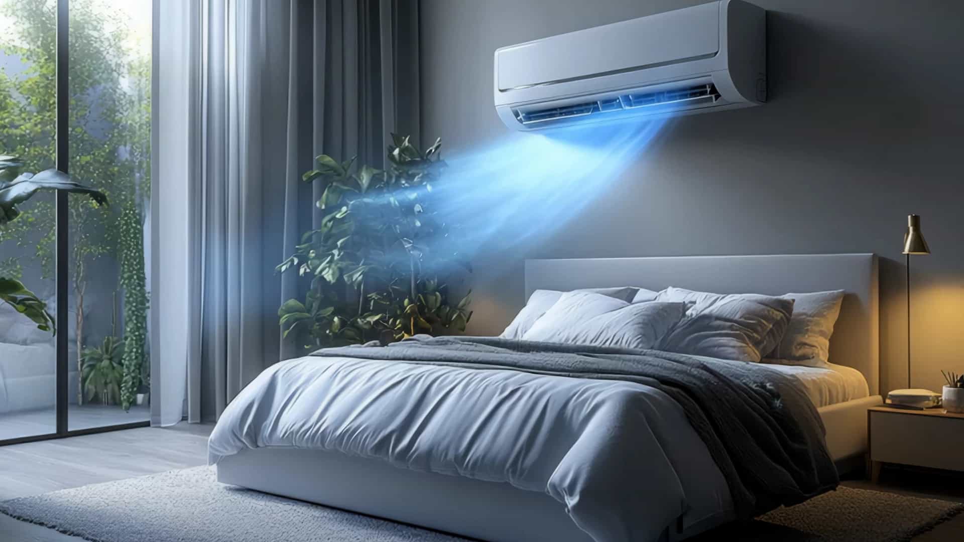 Dormitorio climatizado con un aire acondicionado split en funcionamiento