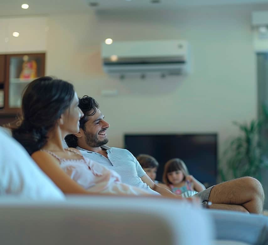 Familia viendo la televisión en el sofá con el aire acondicionado