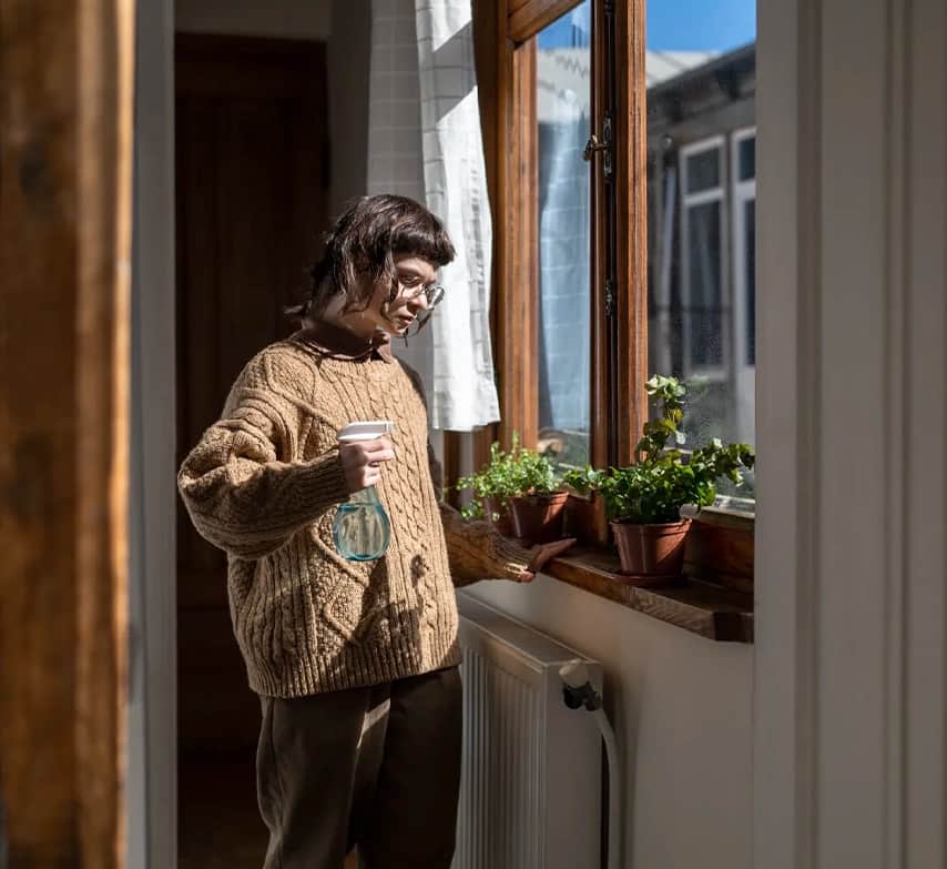 Mujer disfrutando de un hogar confortable junto a la ventana